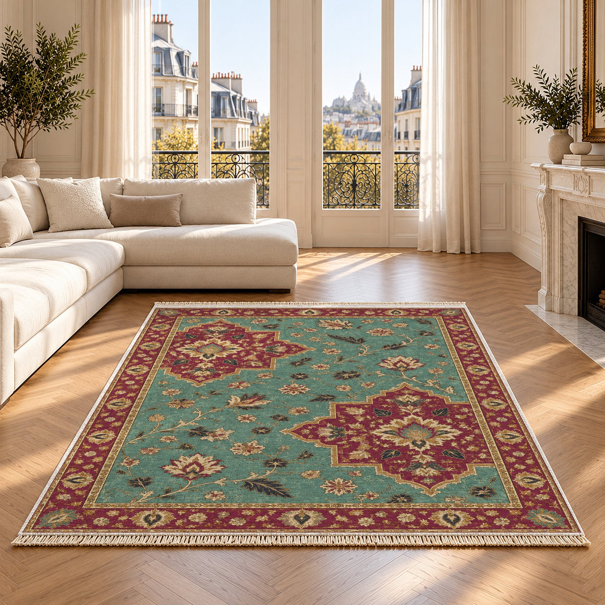Broken Star Diagonal Lagoon & Berry washable rug on an oak floor