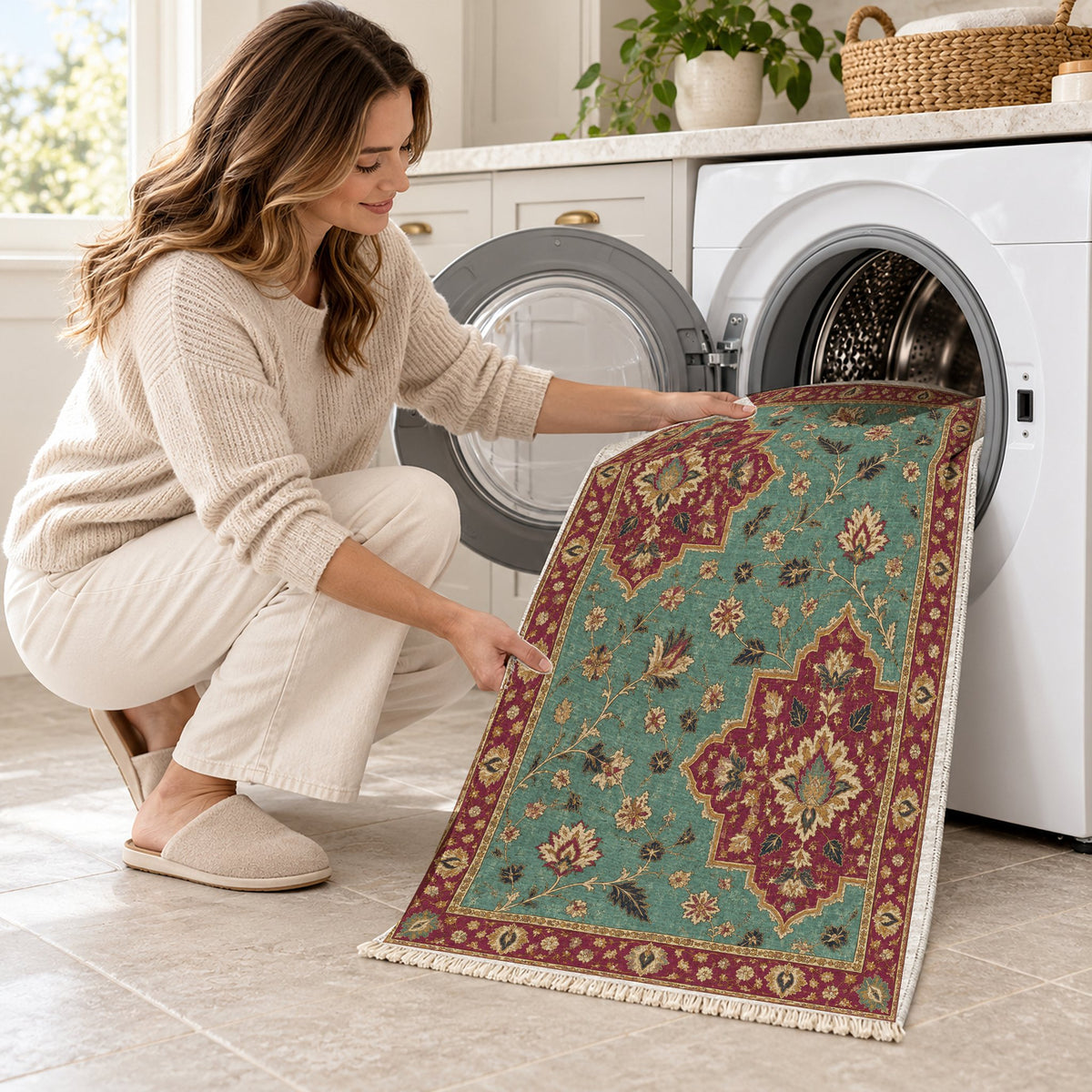 Broken Star Diagonal Lagoon & Berry washable rug being loaded into a washing machine