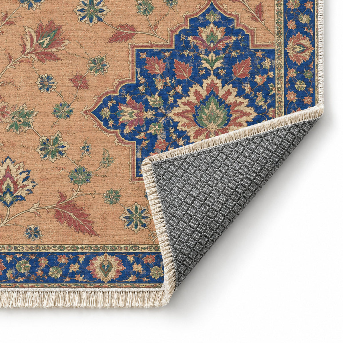 Broken Star Diagonal Peach, Cobalt & Jade washable rug folded corner showing the backing