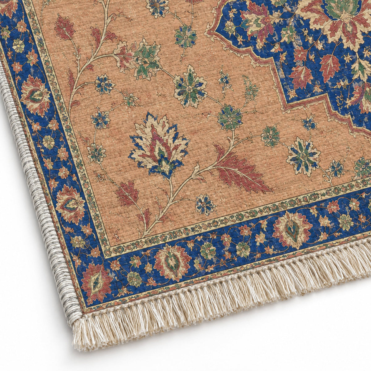 Broken Star Diagonal Peach, Cobalt & Jade washable rug close-up of the printed chenille