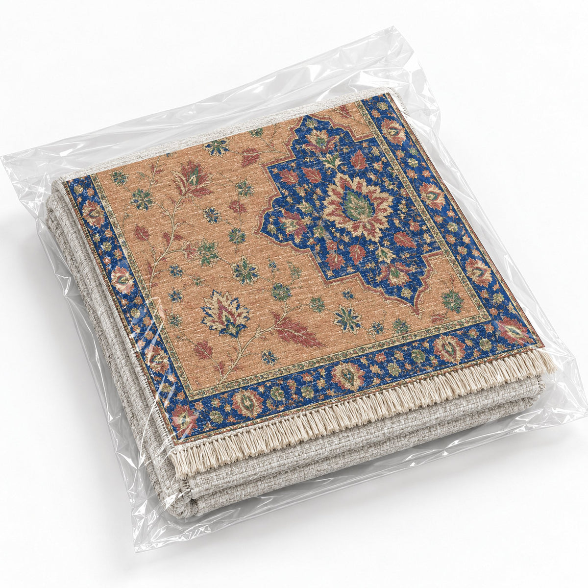 Broken Star Diagonal Peach, Cobalt & Jade washable rug rolled and packaged
