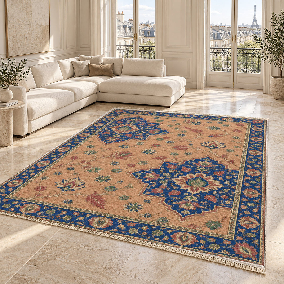 Broken Star Diagonal Peach, Cobalt & Jade washable rug angled room view on marble