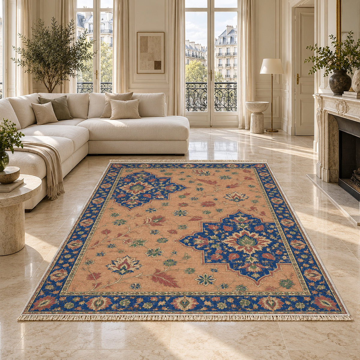 Broken Star Diagonal Peach, Cobalt & Jade washable rug on a marble floor