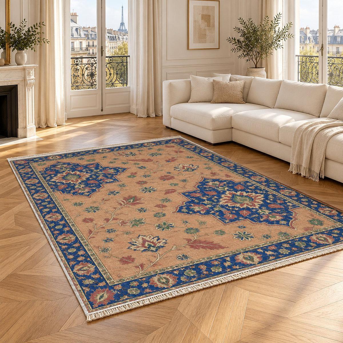 Broken Star Diagonal Peach, Cobalt & Jade washable rug angled room view