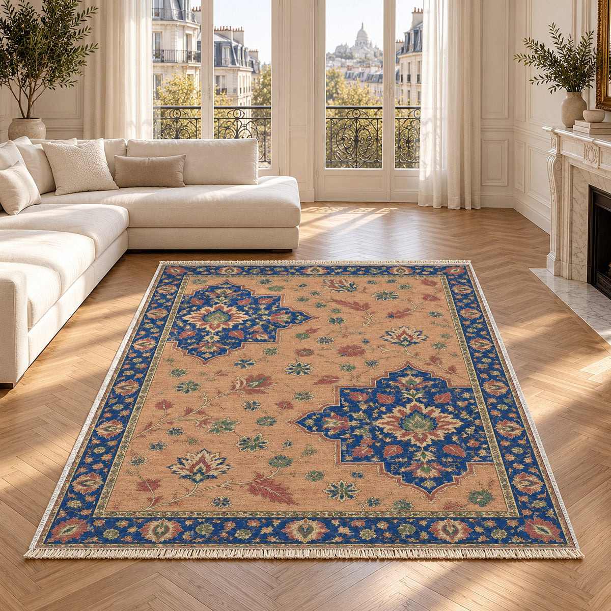 Broken Star Diagonal Peach, Cobalt & Jade washable rug in a Paris living room