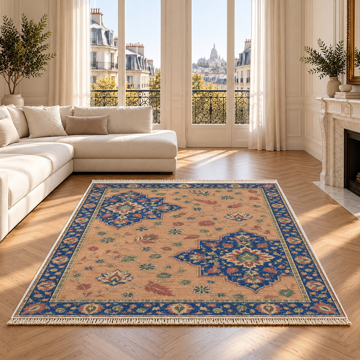 Broken Star Diagonal Peach, Cobalt & Jade washable rug on an oak floor