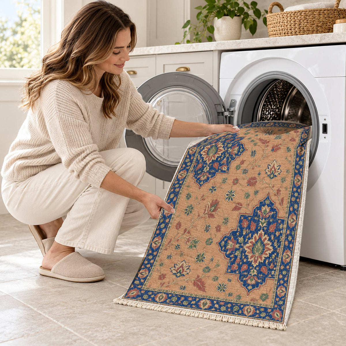 Broken Star Diagonal Peach, Cobalt & Jade washable rug being loaded into a washing machine