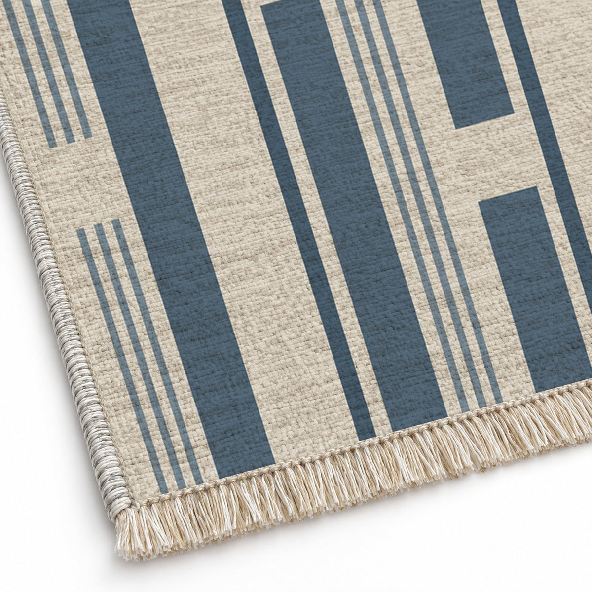 Broken Stripe Ivory & Denim washable rug close-up of the printed chenille