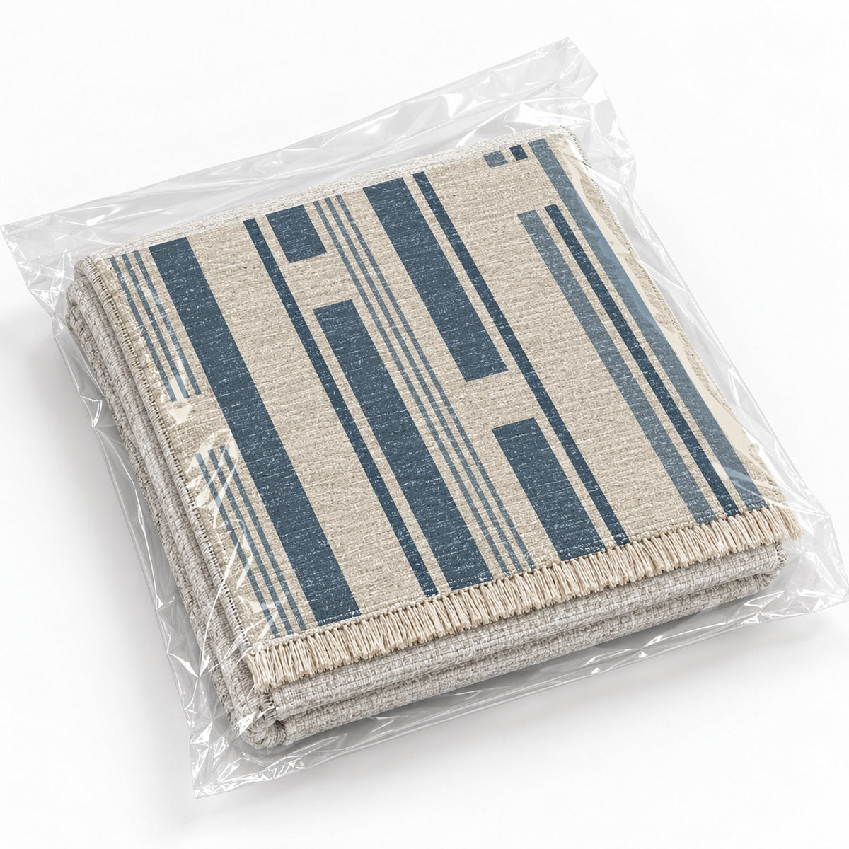 Broken Stripe Ivory & Denim washable rug rolled and packaged