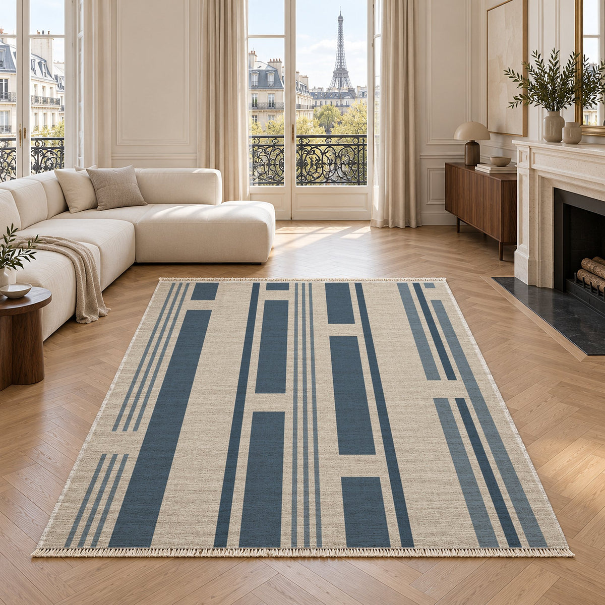 Broken Stripe Ivory & Denim washable rug in a living room with an Eiffel Tower view