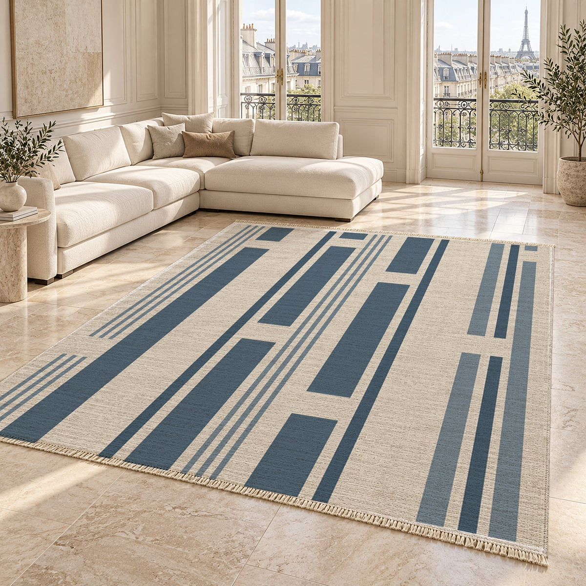 Broken Stripe Ivory & Denim washable rug angled room view on marble