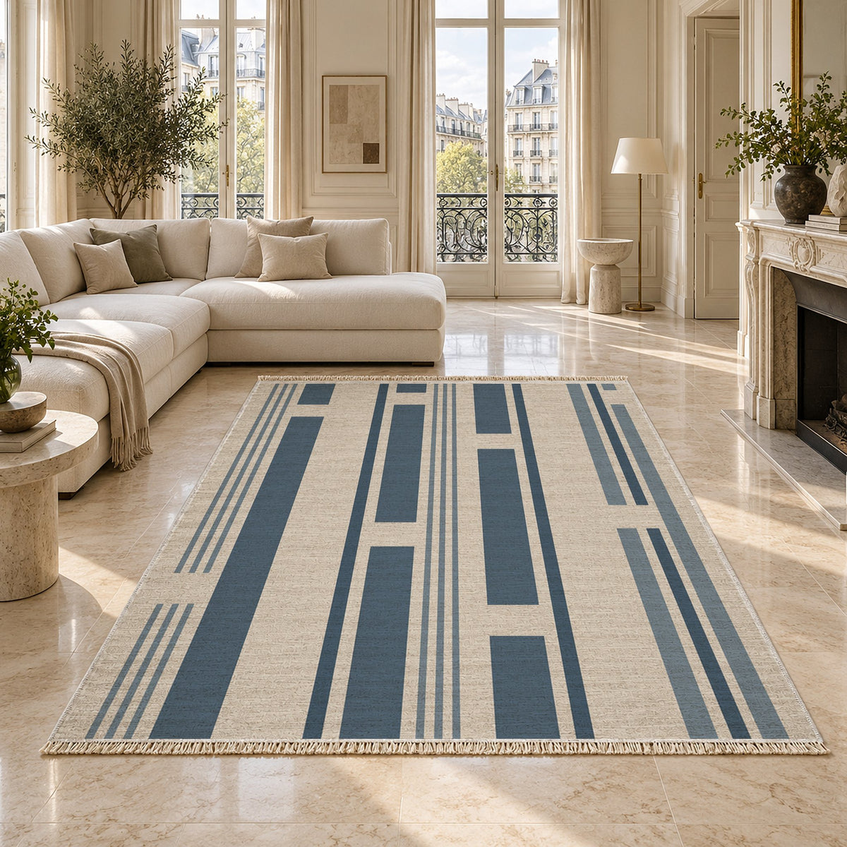 Broken Stripe Ivory & Denim washable rug on a marble floor