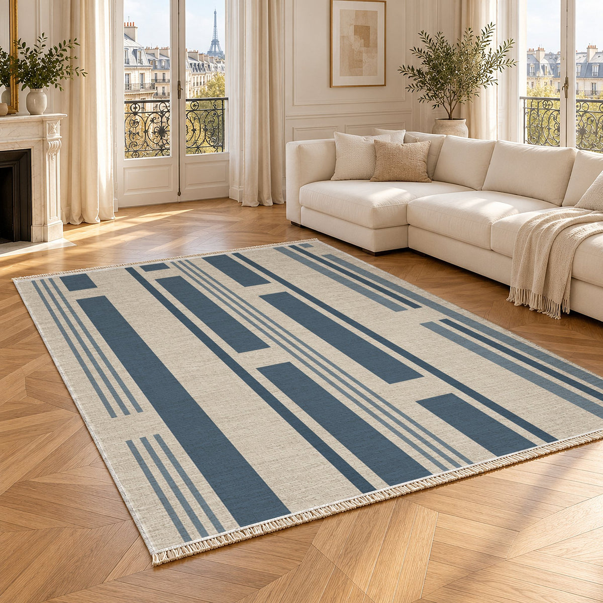 Broken Stripe Ivory & Denim washable rug angled room view