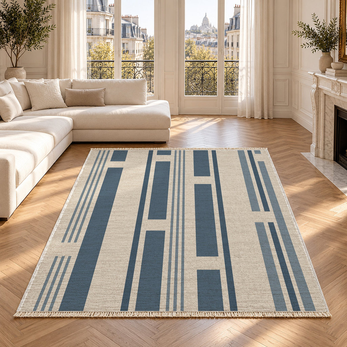Broken Stripe Ivory & Denim washable rug in a Paris living room