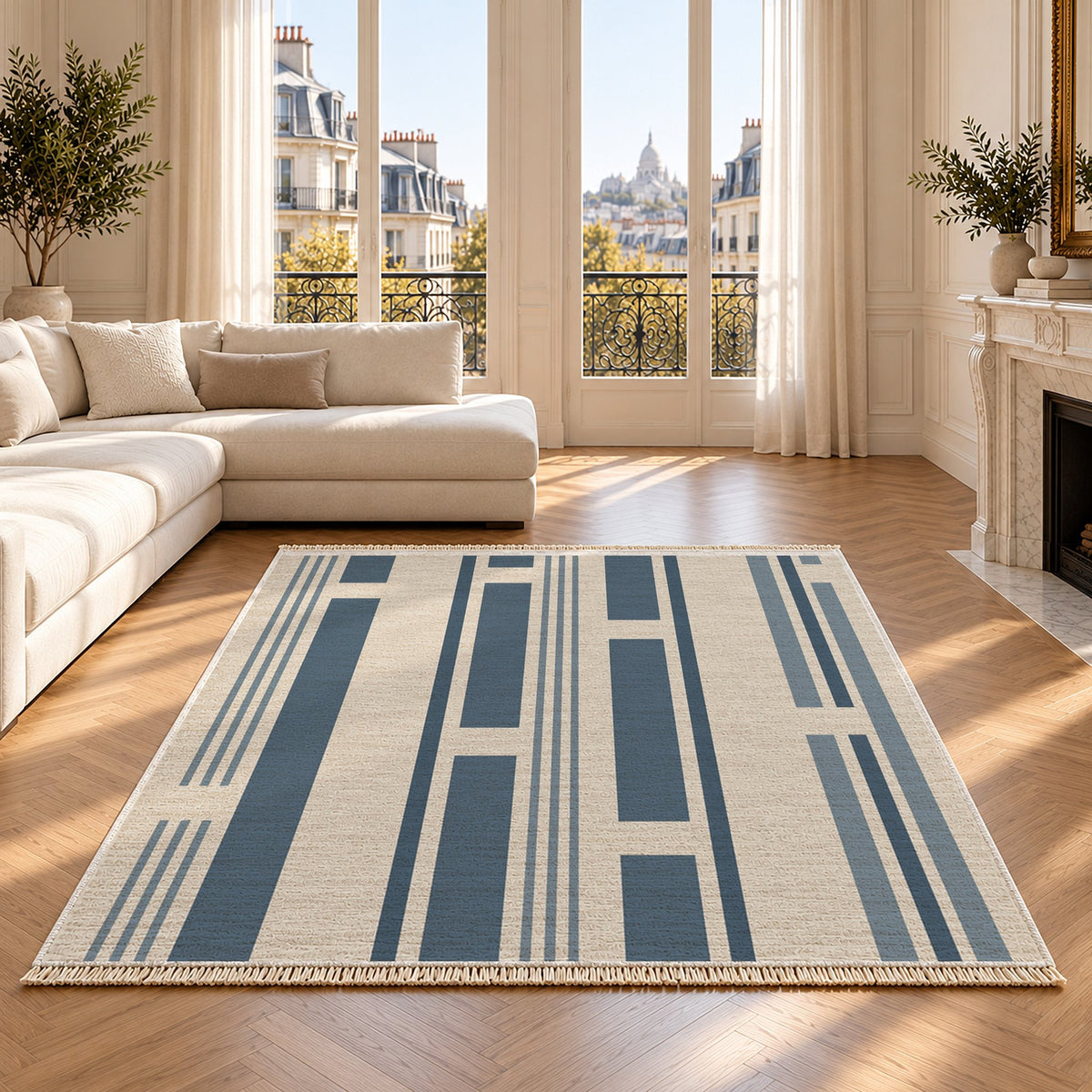 Broken Stripe Ivory & Denim washable rug on an oak floor