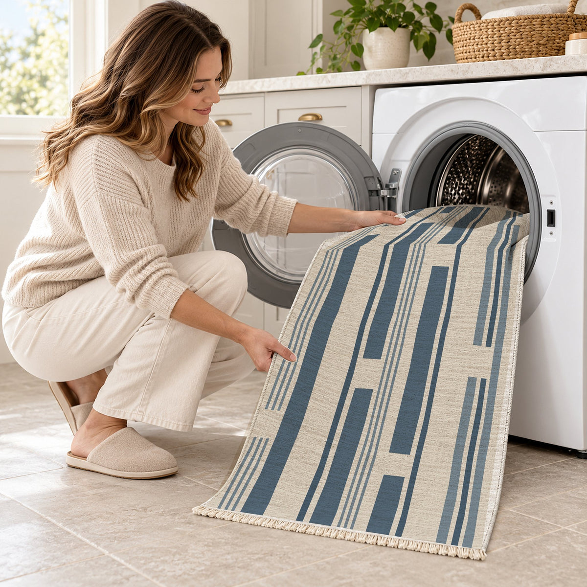 Broken Stripe Ivory & Denim washable rug being loaded into a washing machine