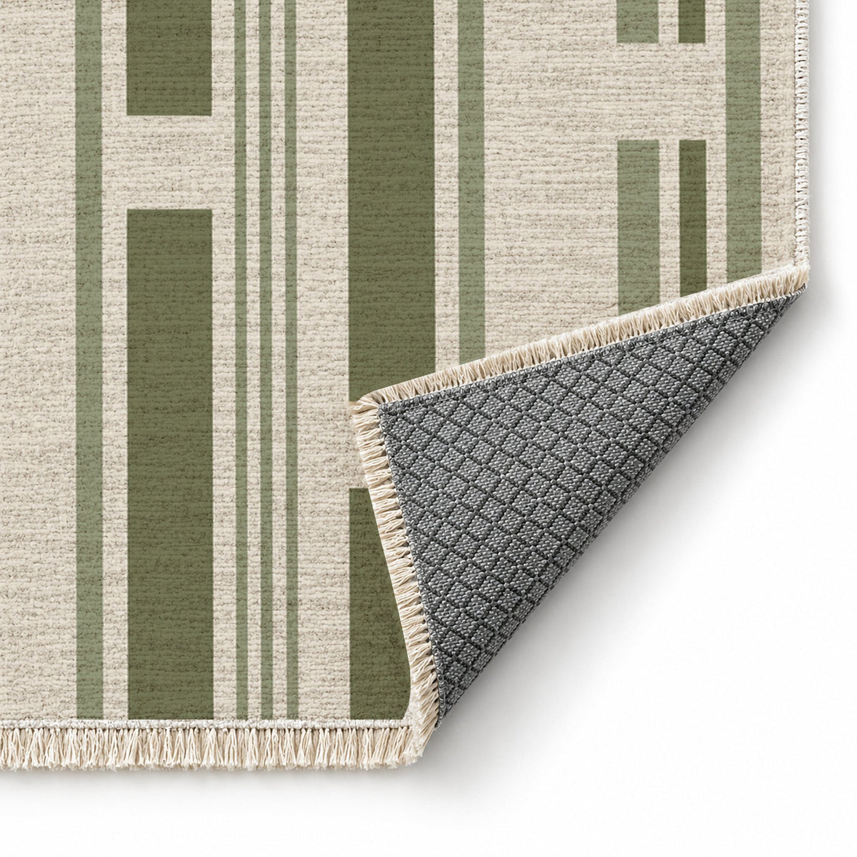 Broken Stripe Ivory & Olive washable rug folded corner showing the backing