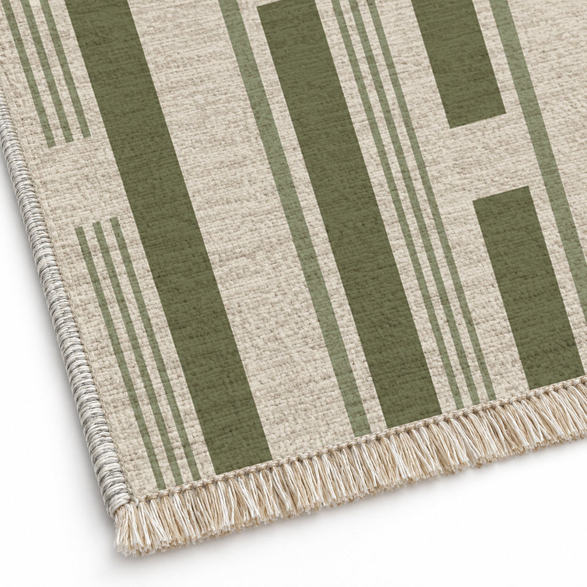 Broken Stripe Ivory & Olive washable rug close-up of the printed chenille