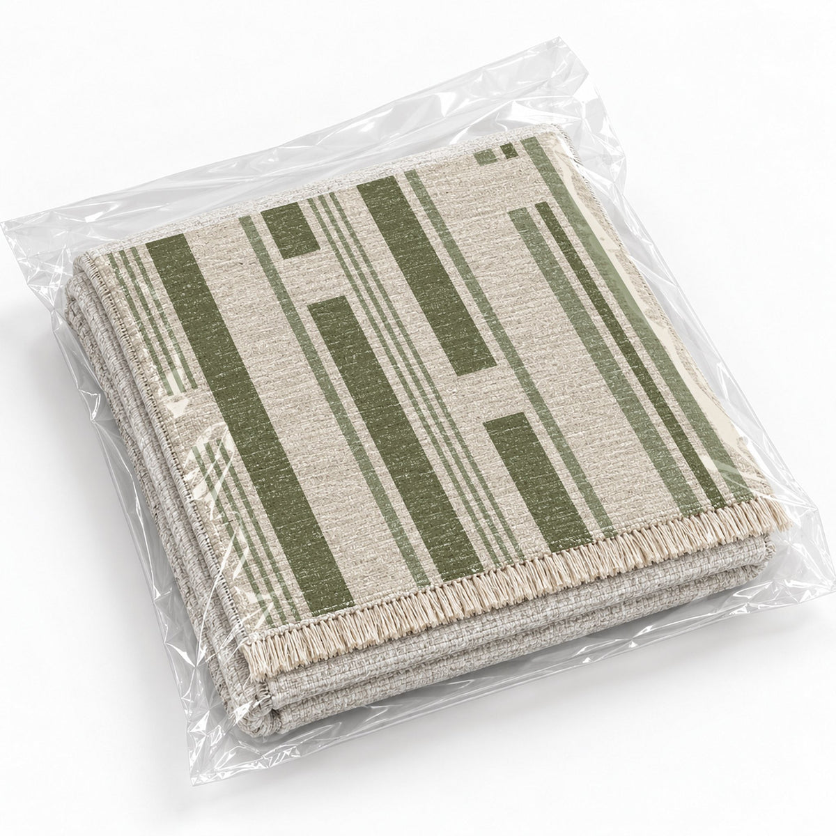 Broken Stripe Ivory & Olive washable rug rolled and packaged