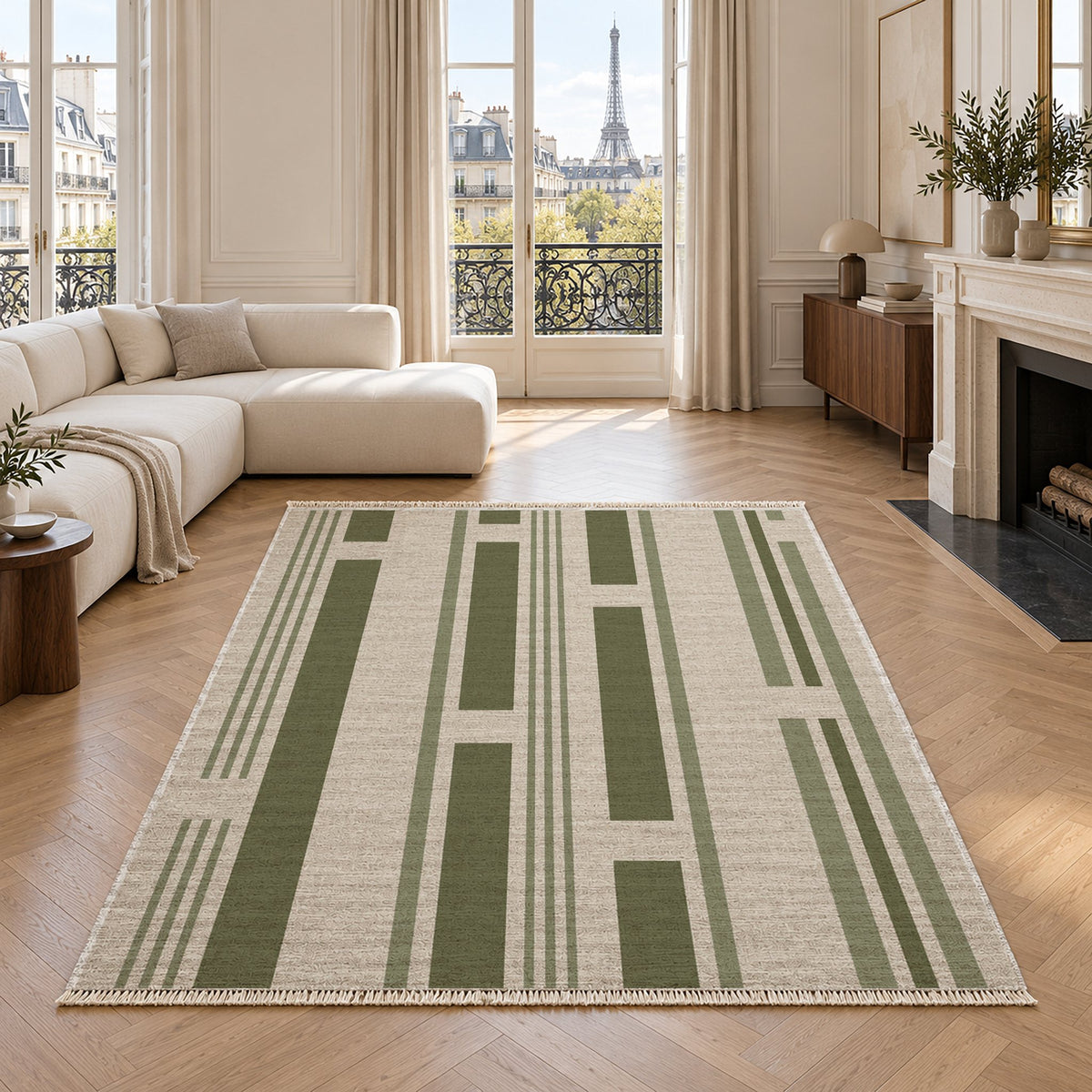 Broken Stripe Ivory & Olive washable rug in a living room with an Eiffel Tower view