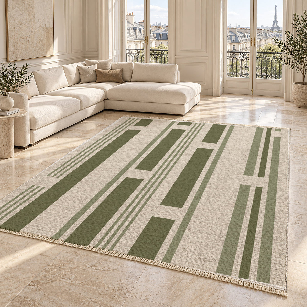 Broken Stripe Ivory & Olive washable rug angled room view on marble