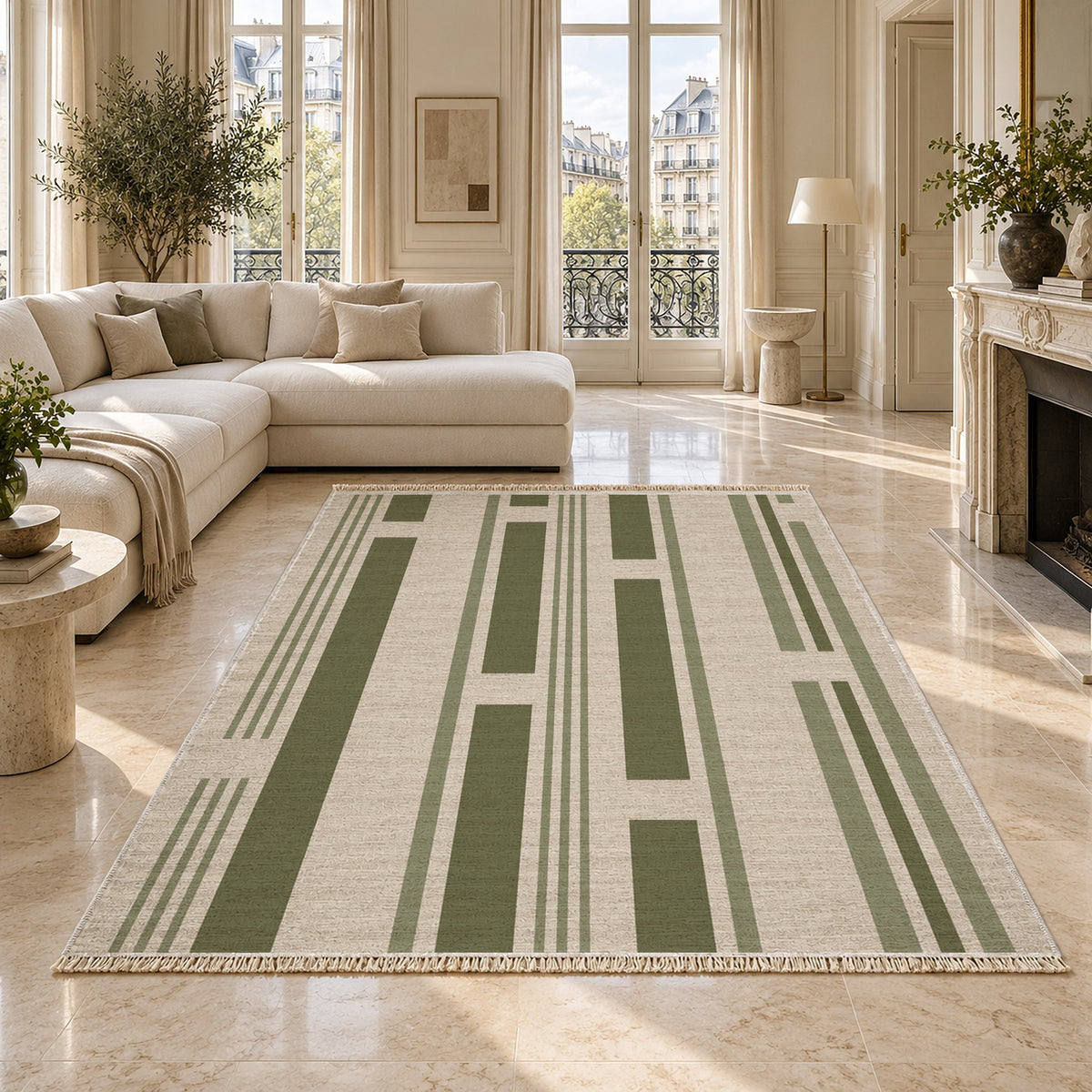Broken Stripe Ivory & Olive washable rug on a marble floor