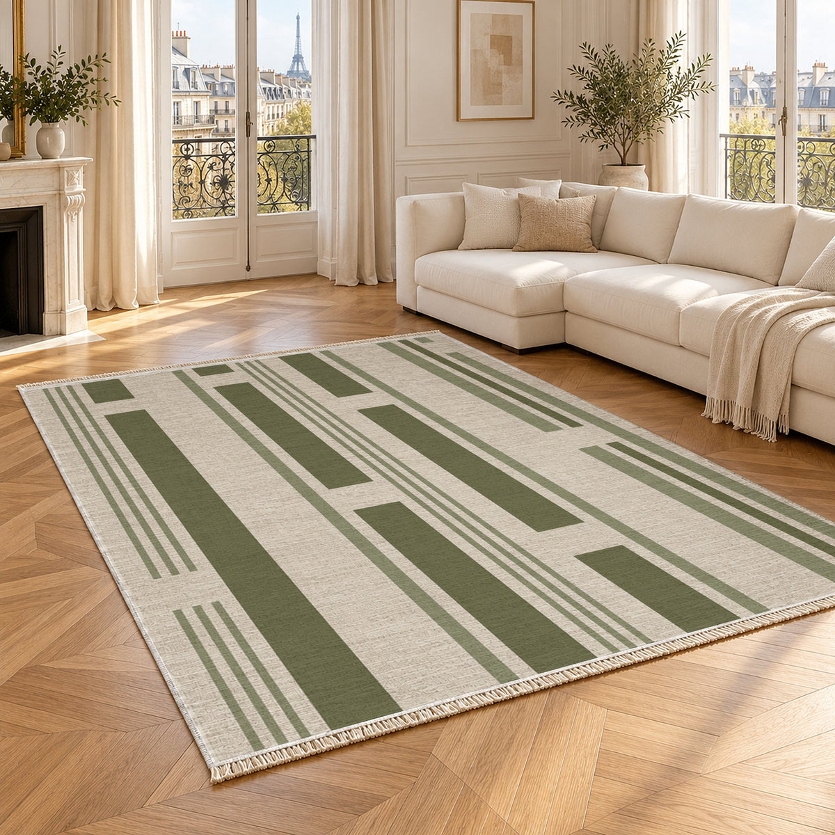 Broken Stripe Ivory & Olive washable rug angled room view