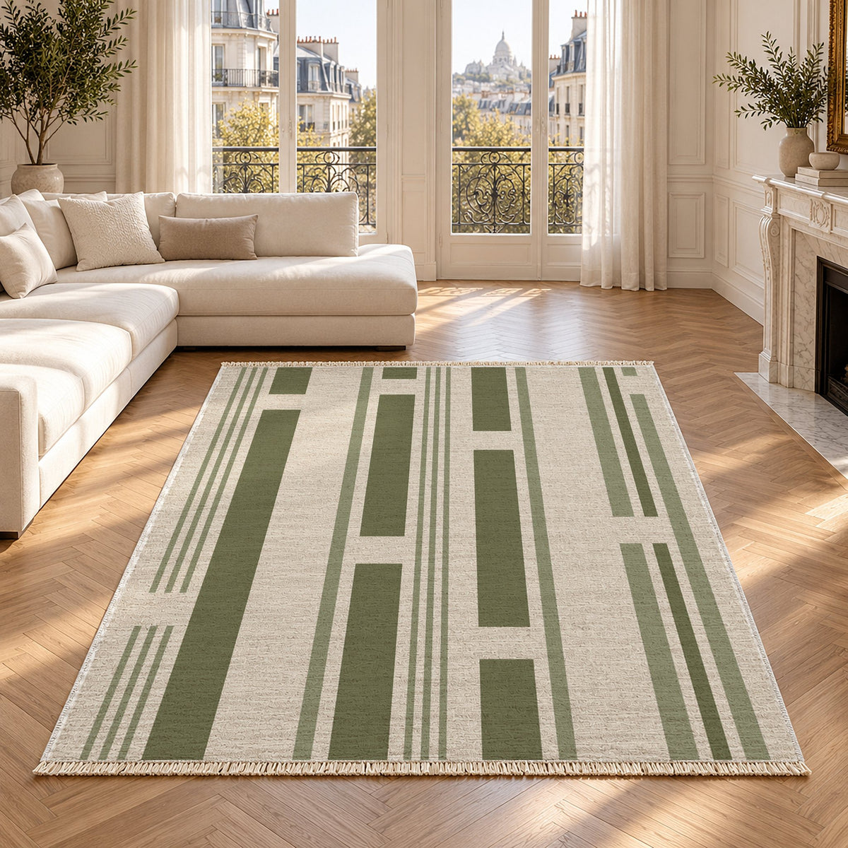 Broken Stripe Ivory & Olive washable rug in a Paris living room