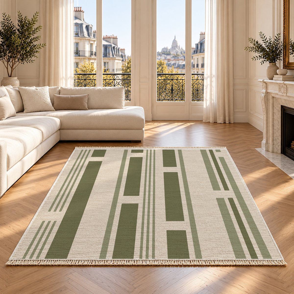 Broken Stripe Ivory & Olive washable rug on an oak floor