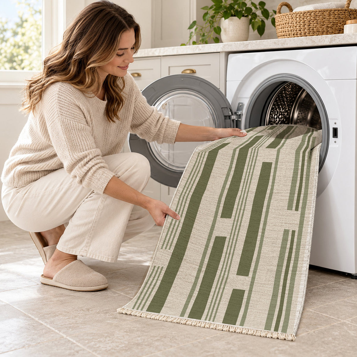 Broken Stripe Ivory & Olive washable rug being loaded into a washing machine