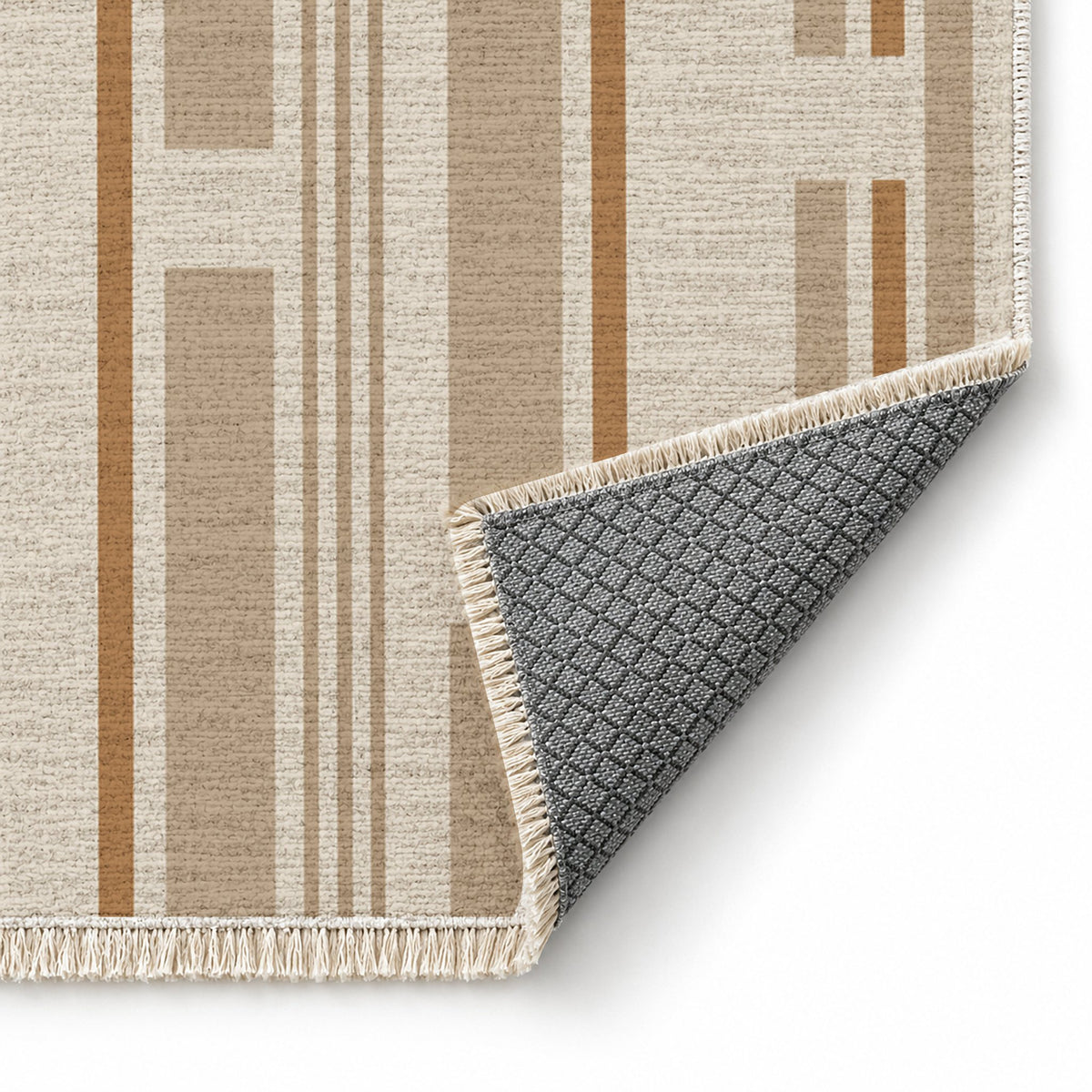 Broken Stripe Ivory & Sand washable rug folded corner showing the backing