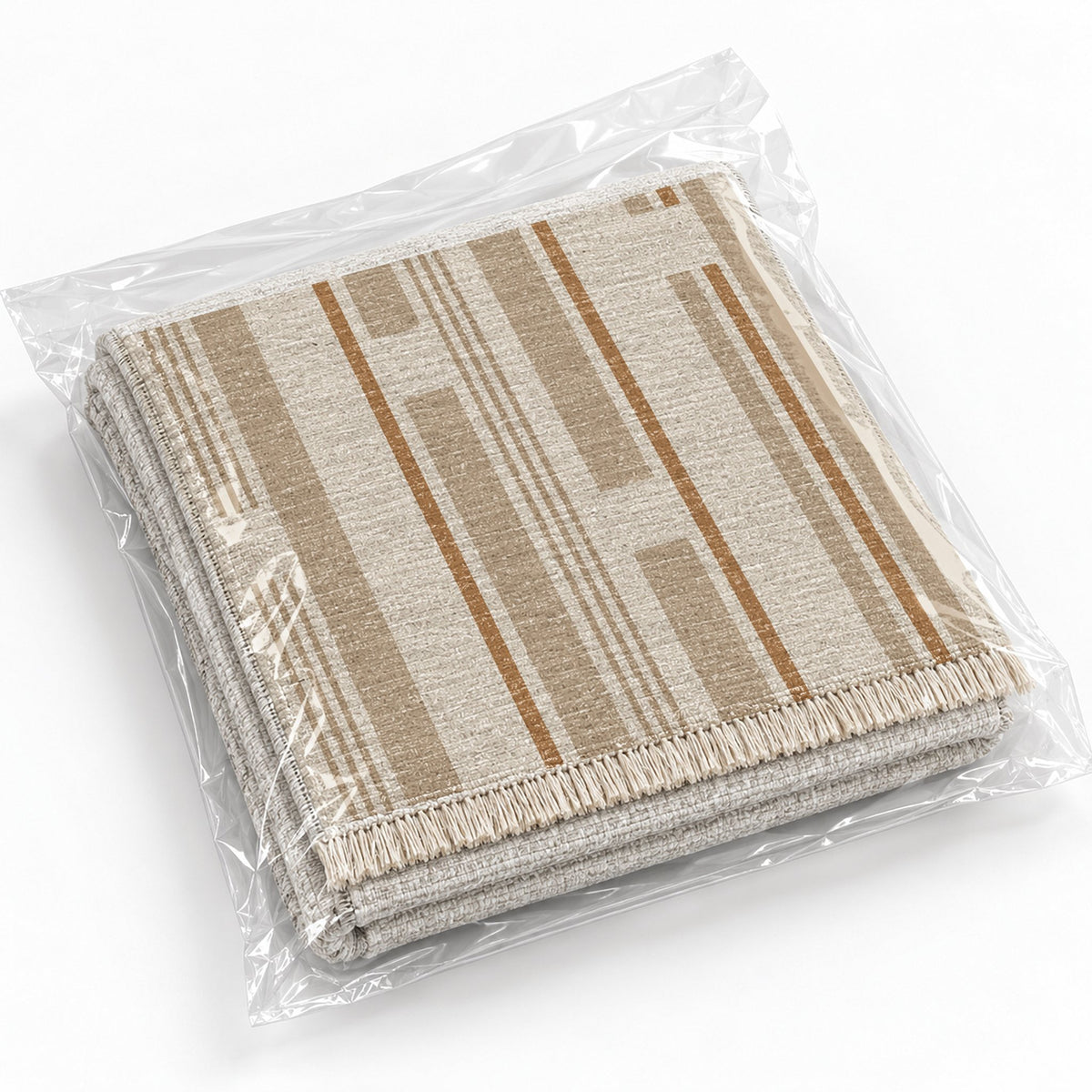 Broken Stripe Ivory & Sand washable rug rolled and packaged