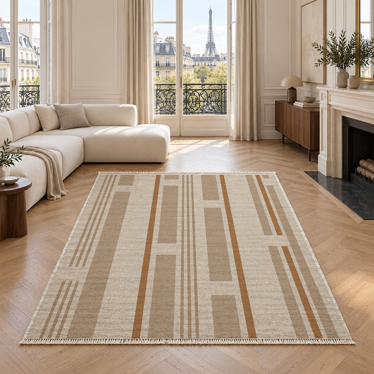 Broken Stripe Ivory & Sand washable rug in a living room with an Eiffel Tower view