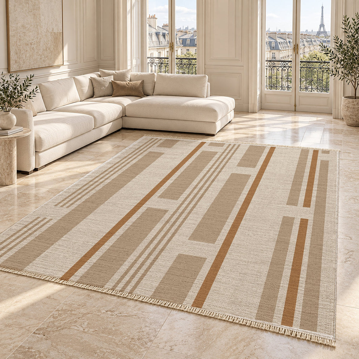 Broken Stripe Ivory & Sand washable rug angled room view on marble