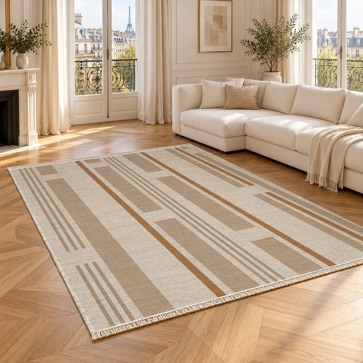 Broken Stripe Ivory & Sand washable rug angled room view