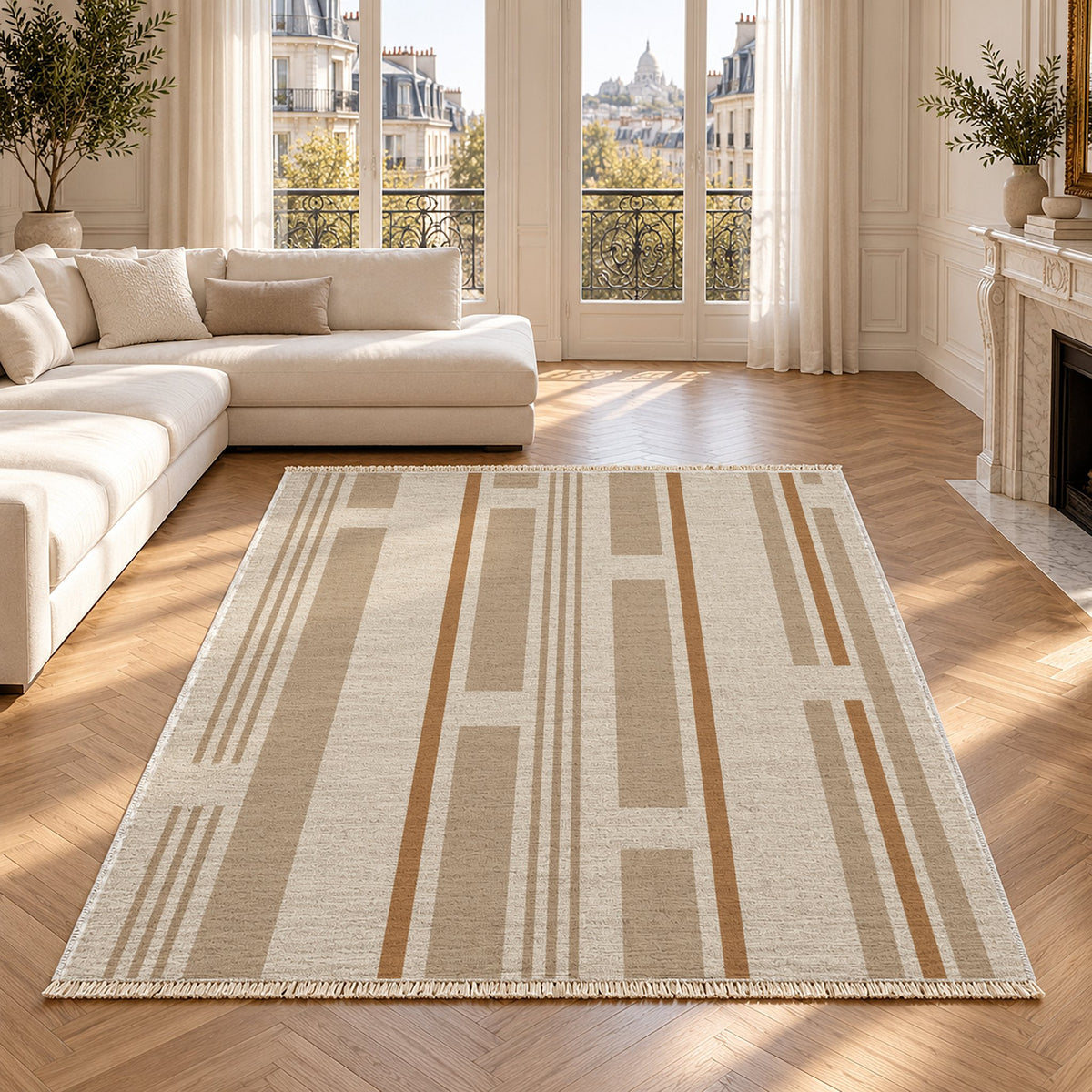 Broken Stripe Ivory & Sand washable rug in a Paris living room