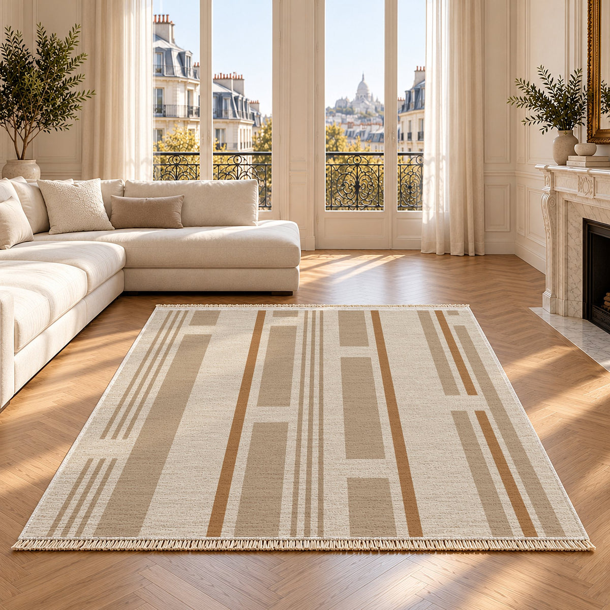 Broken Stripe Ivory & Sand washable rug on an oak floor