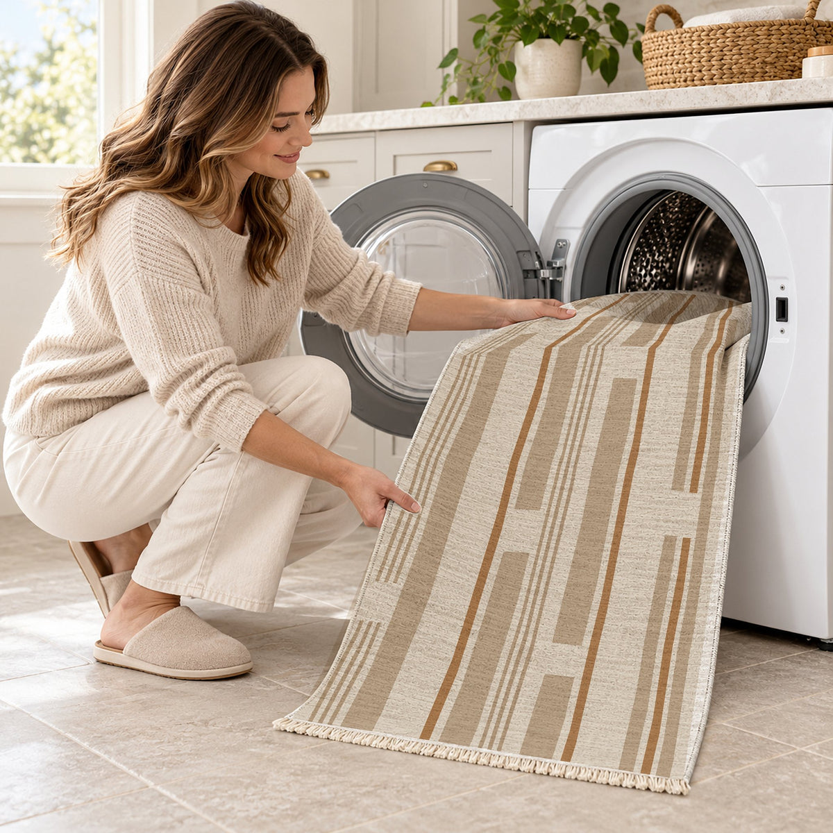 Broken Stripe Ivory & Sand washable rug being loaded into a washing machine