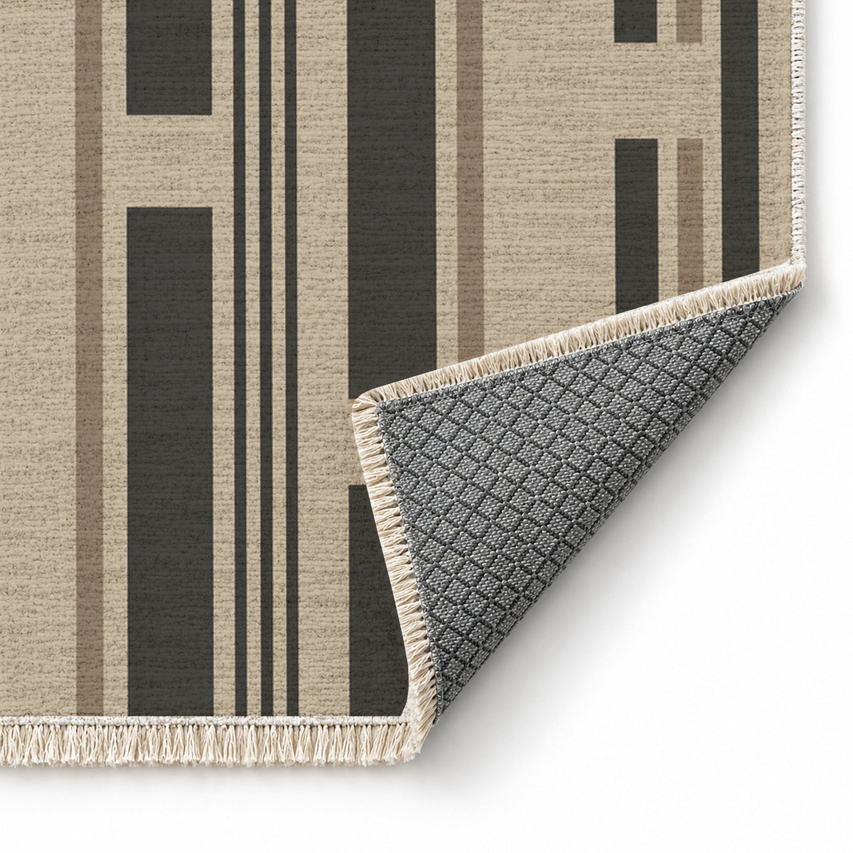 Broken Stripe Oat & Charcoal washable rug folded corner showing the backing