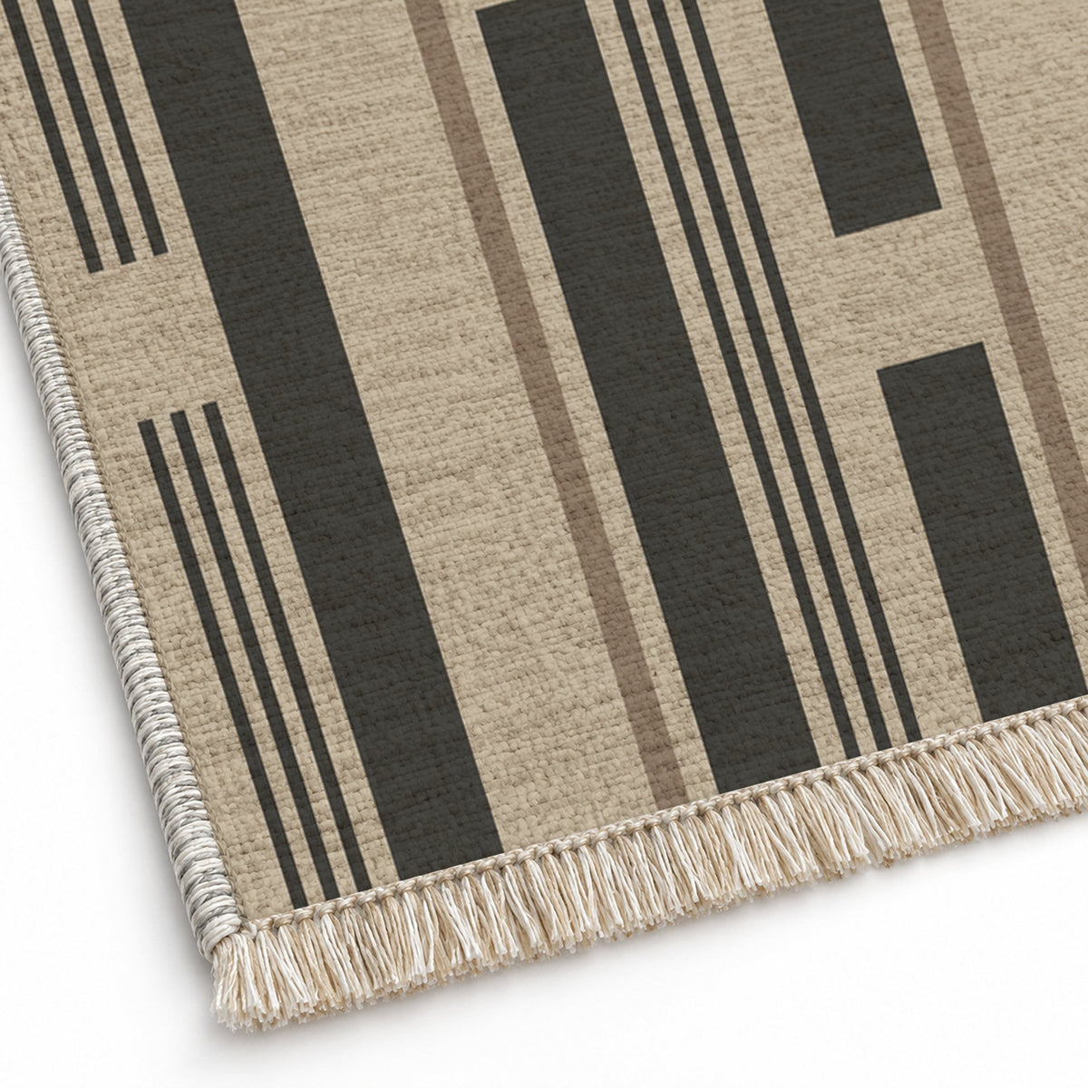 Broken Stripe Oat & Charcoal washable rug close-up of the printed chenille