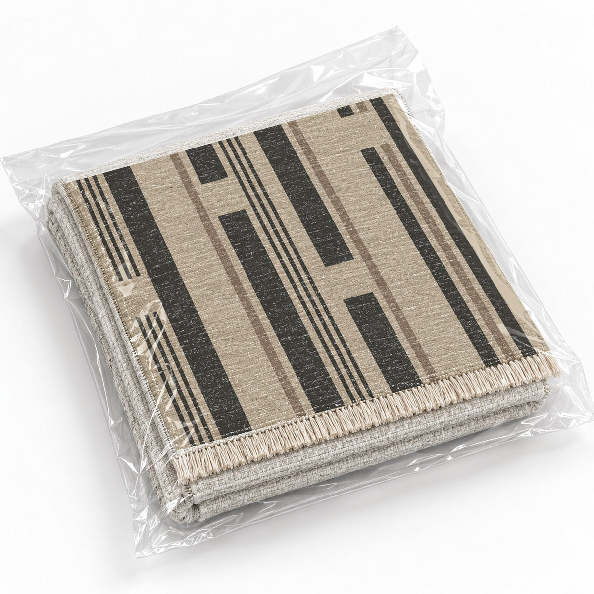 Broken Stripe Oat & Charcoal washable rug rolled and packaged
