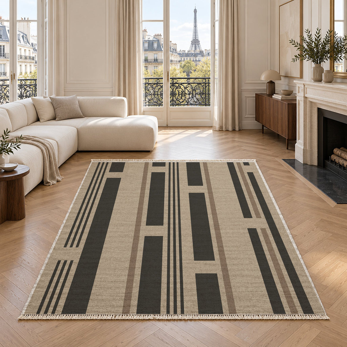 Broken Stripe Oat & Charcoal washable rug in a living room with an Eiffel Tower view