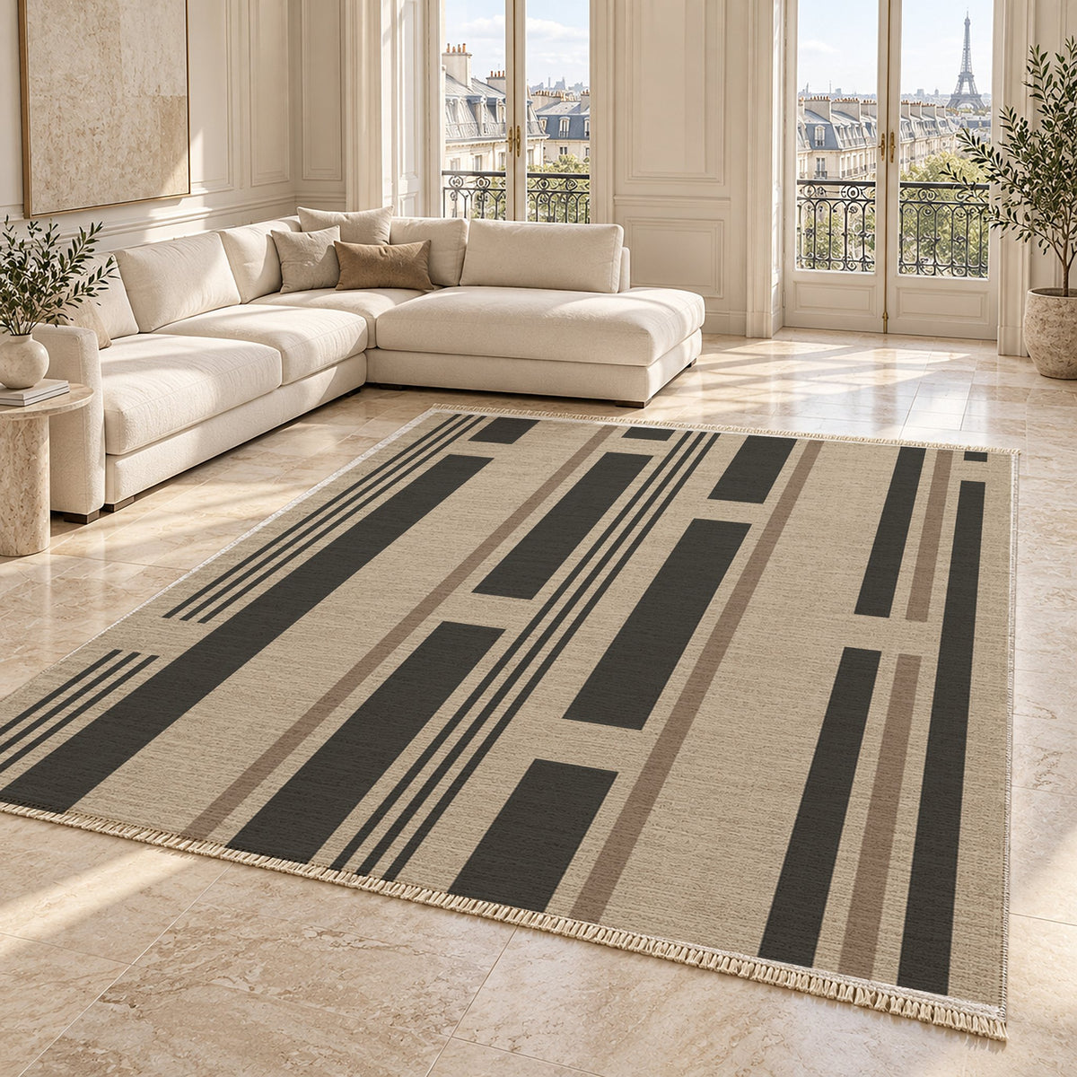 Broken Stripe Oat & Charcoal washable rug angled room view on marble