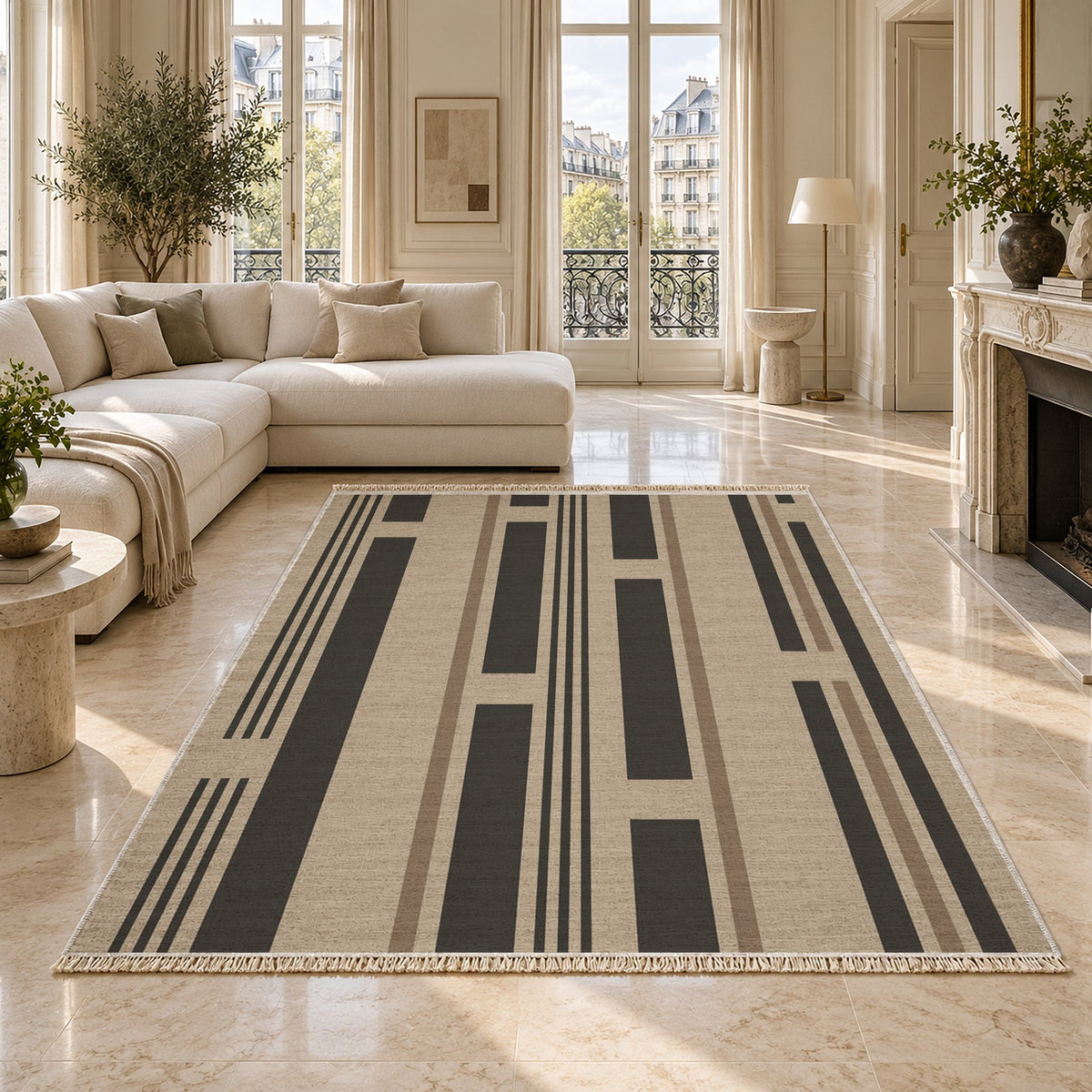 Broken Stripe Oat & Charcoal washable rug on a marble floor