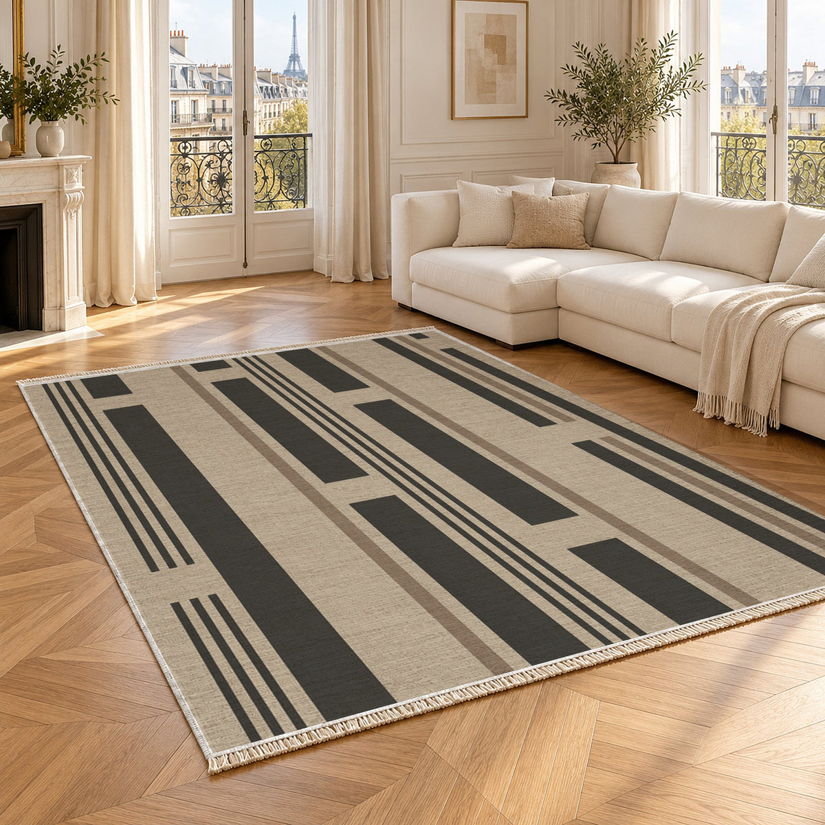 Broken Stripe Oat & Charcoal washable rug angled room view