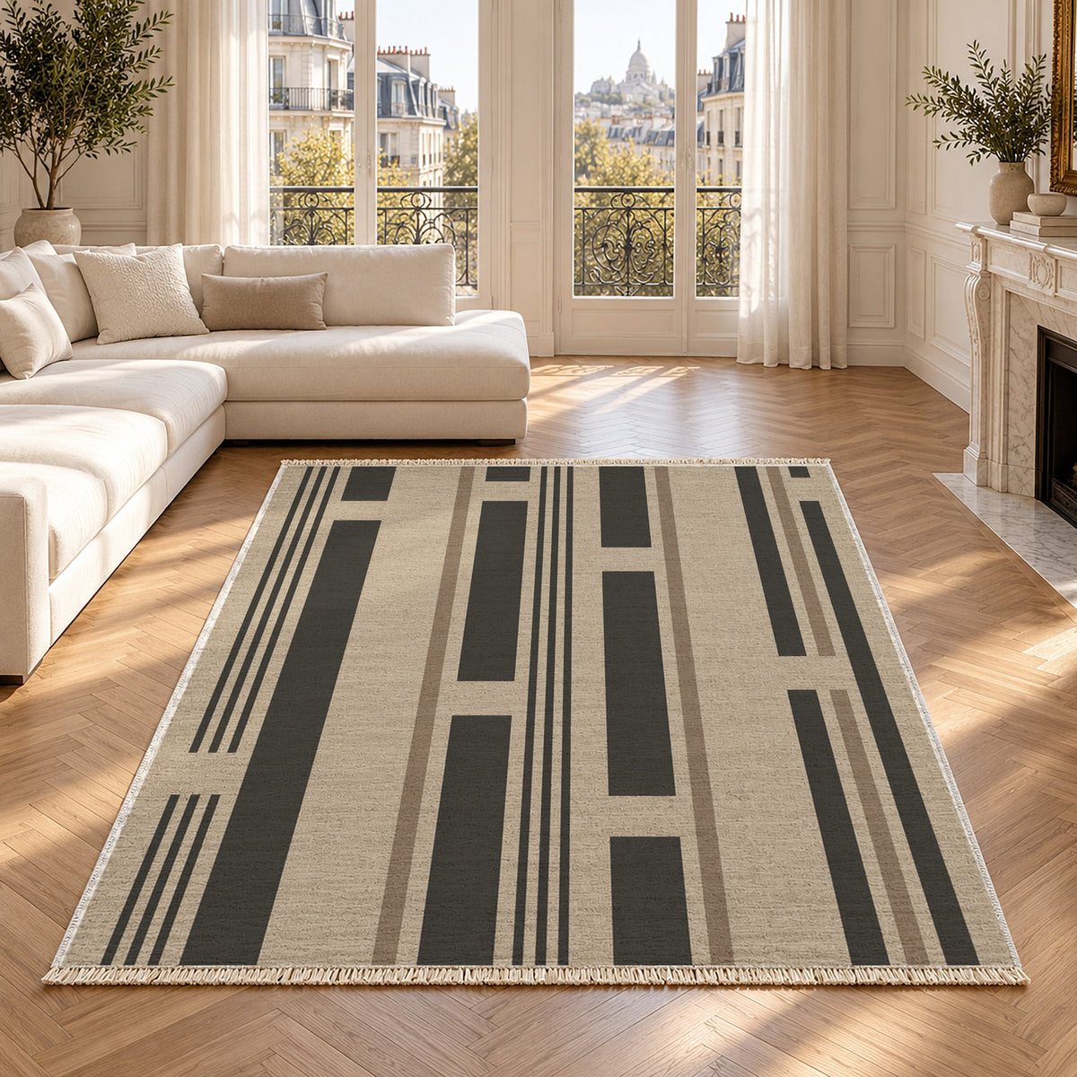 Broken Stripe Oat & Charcoal washable rug in a Paris living room