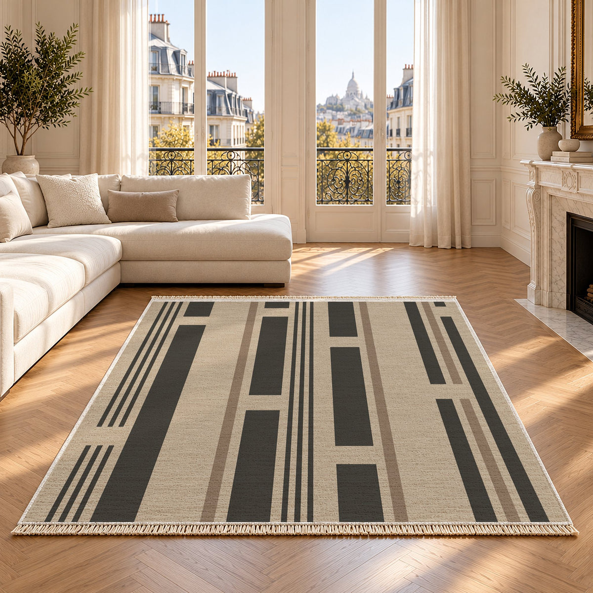 Broken Stripe Oat & Charcoal washable rug on an oak floor