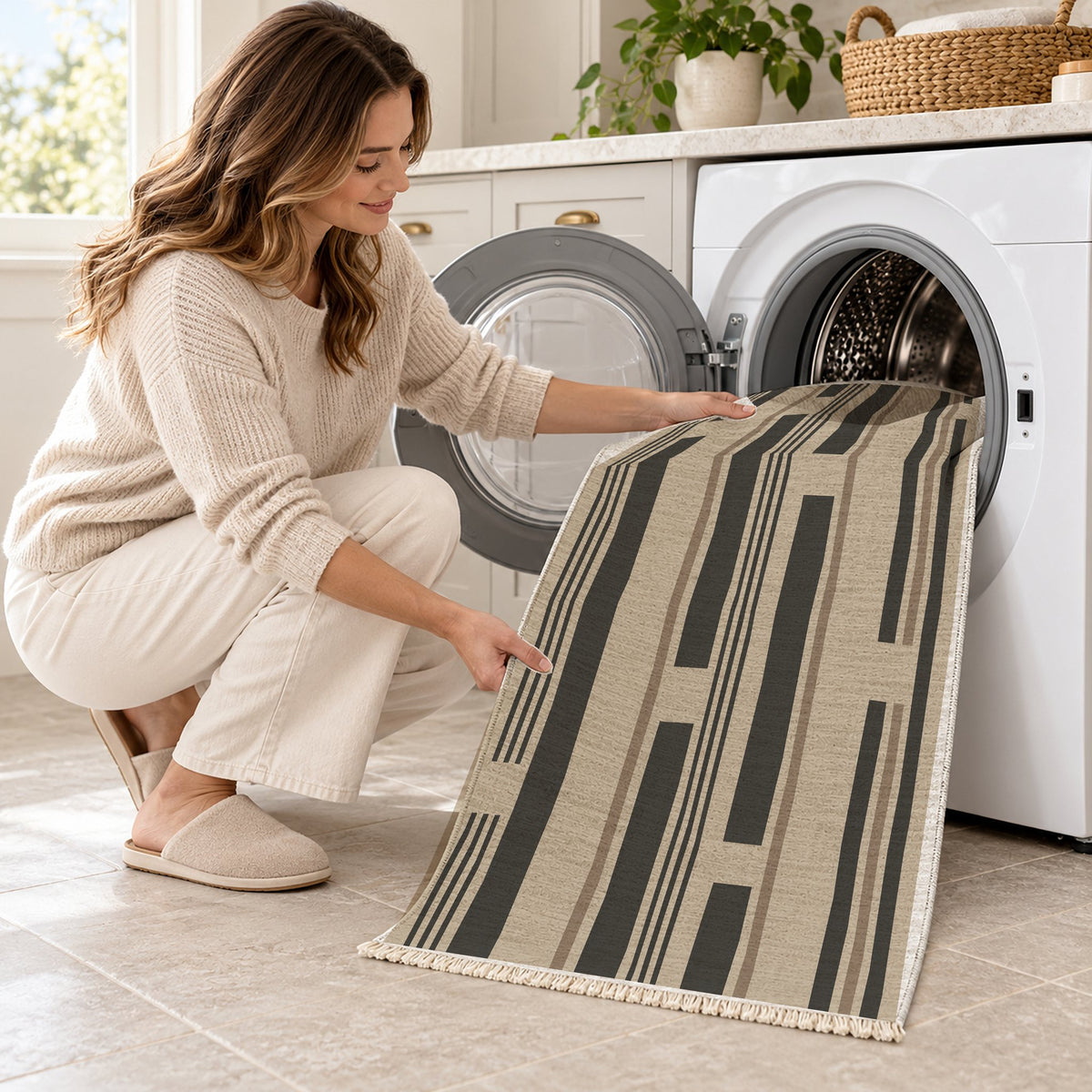 Broken Stripe Oat & Charcoal washable rug being loaded into a washing machine