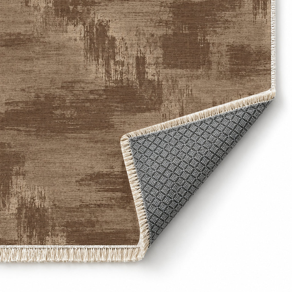 Brushed Plain Cocoa & Taupe washable rug folded corner showing the backing