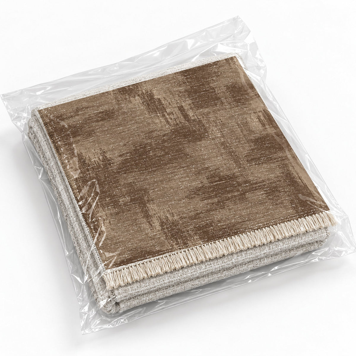 Brushed Plain Cocoa & Taupe washable rug rolled and packaged
